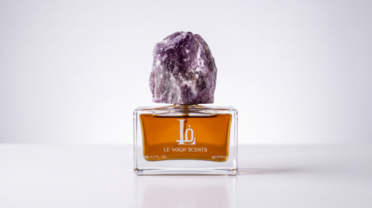 December oud perfume bottle by Le Vogh with purple gemstone cap