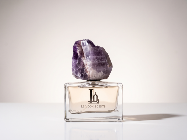 Ghaim Eau de Parfum bottle by Le Vogh with purple gemstone cap and flowers